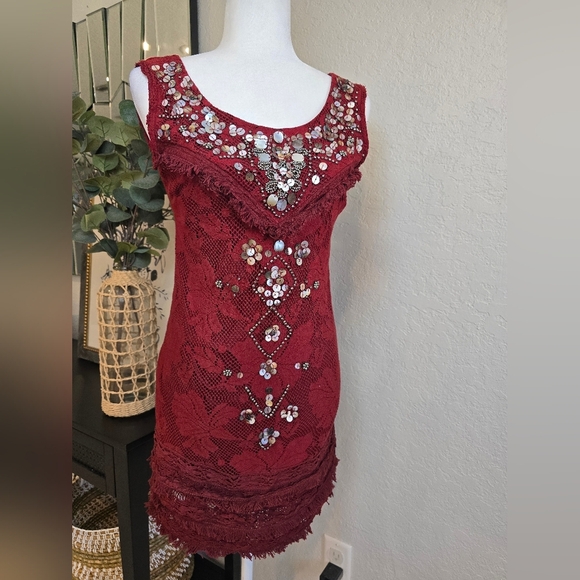 Free People Shell Game Embellished Burgundy Lace Dress - Picture 3 of 8